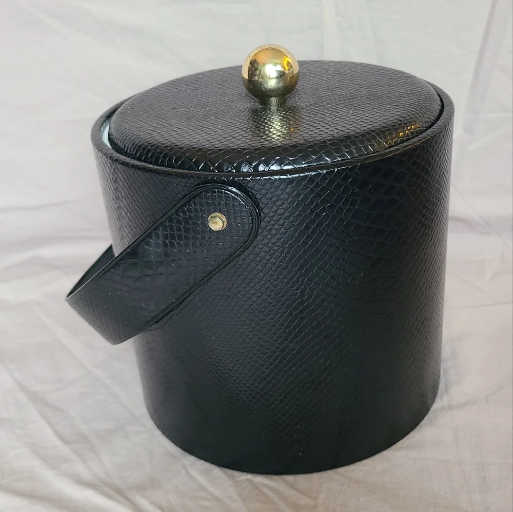 Vintage Ice Bucket Georges Briard Black Snake Skin Faux Leather